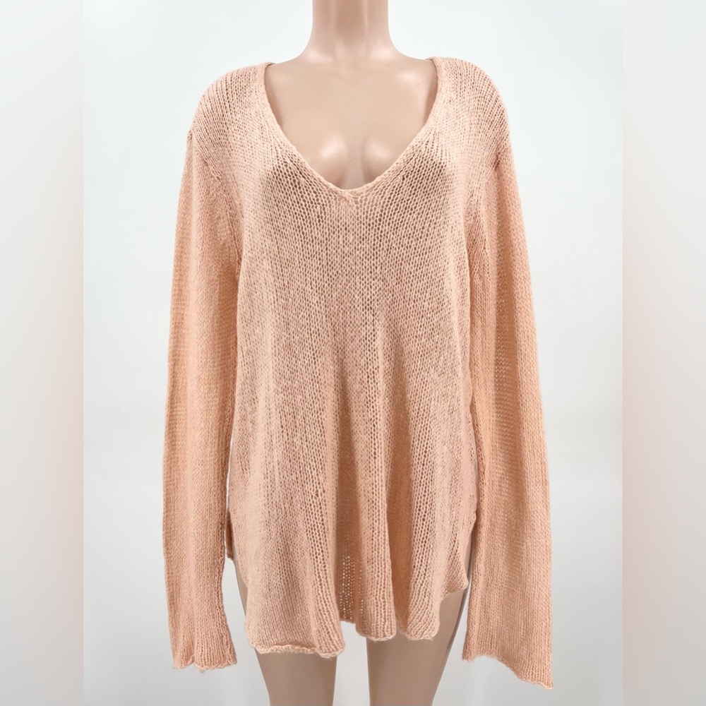 Wooden Ships Mohair Wool Blend Peachy-Pink V-Neck Open Knit Sweater XL